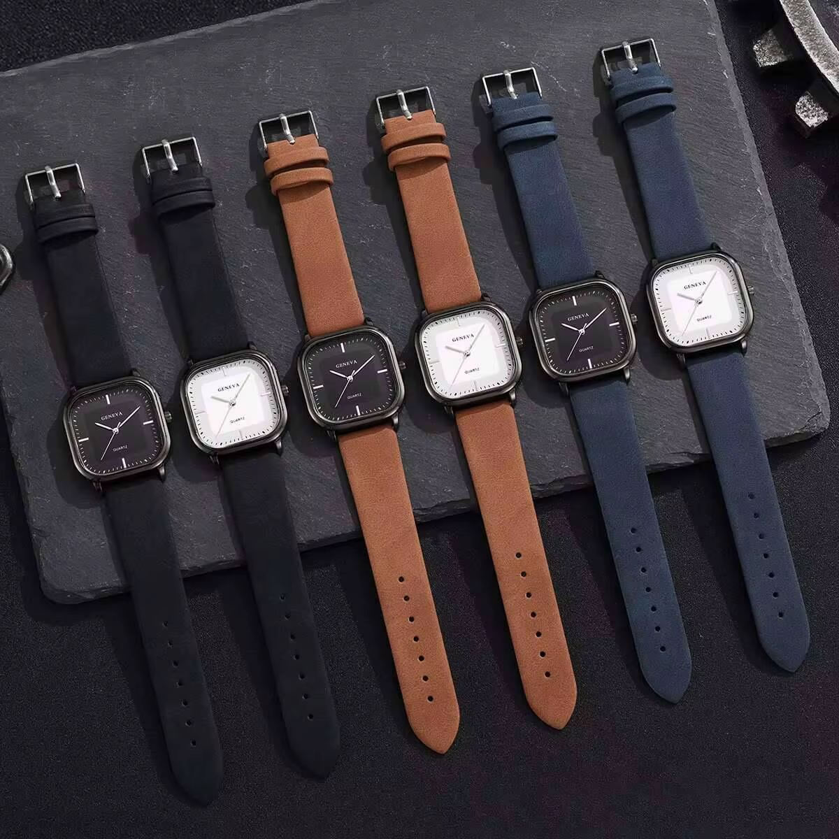 Square Minimalist Casual Leather Strap Wristwatch